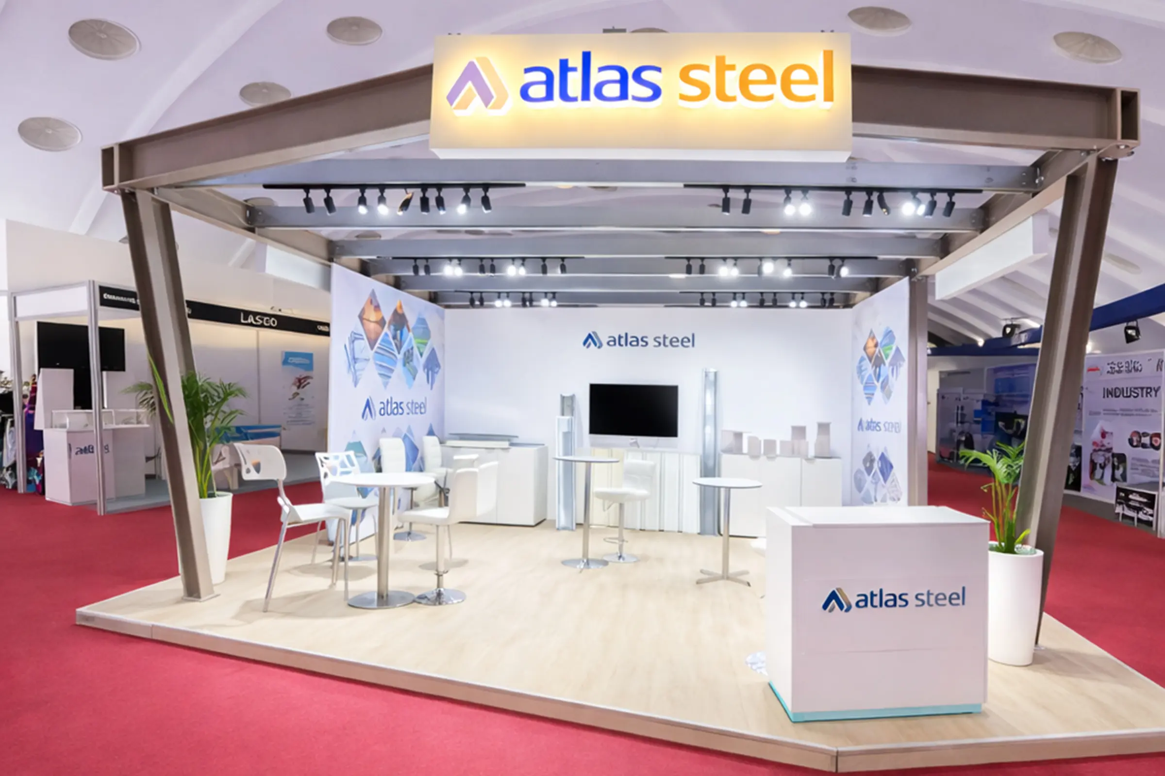 Stand Atlas Steel au SISTEP 2025 à Casablanca, vue frontale d’un stand d’exposition sur mesure dédié aux solutions métallurgiques et industrielles