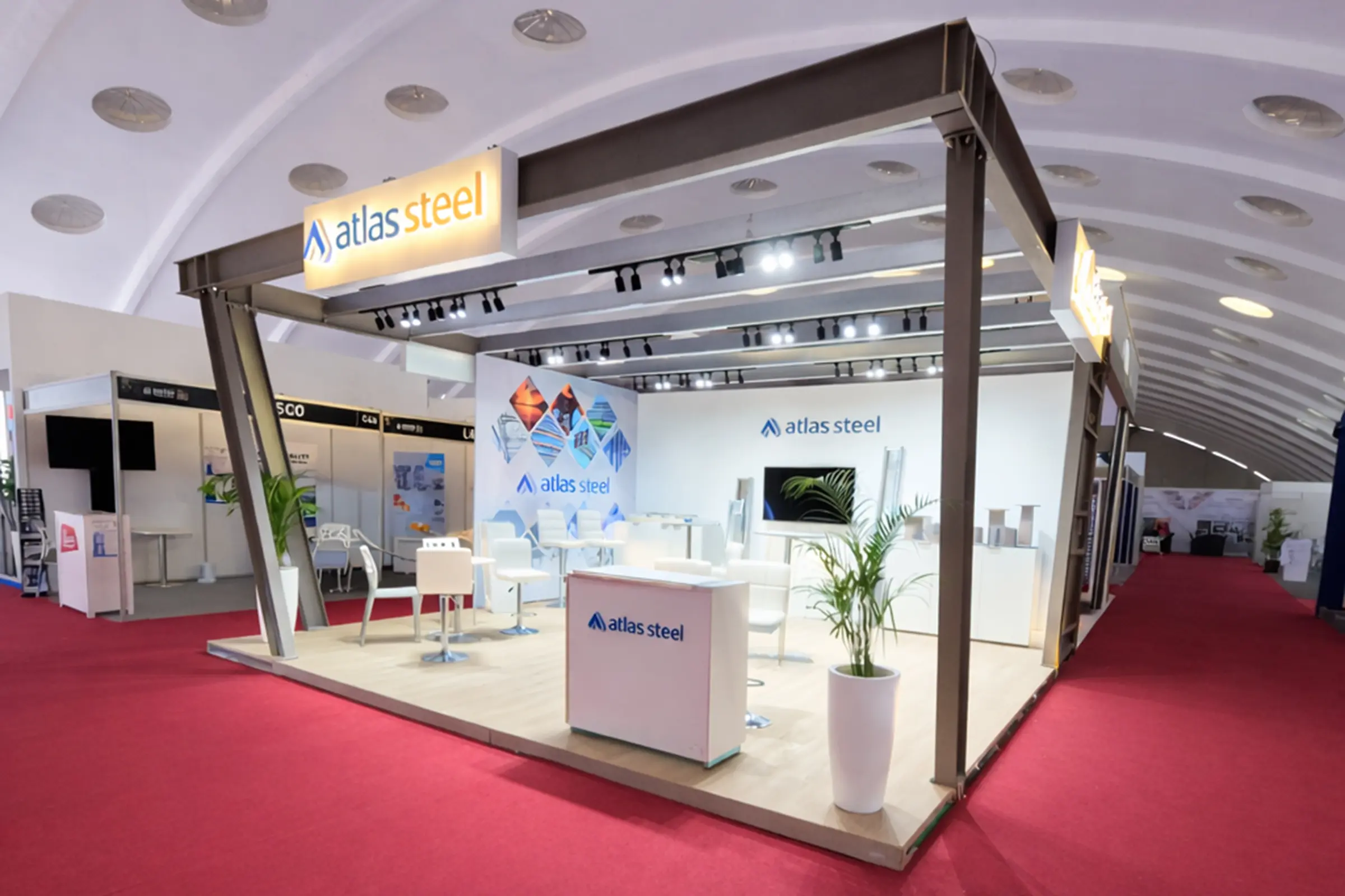 Vue extérieure du stand Atlas Steel au SISTEP 2025 à Casablanca, stand professionnel à l’architecture industrielle et à la signalétique technique
