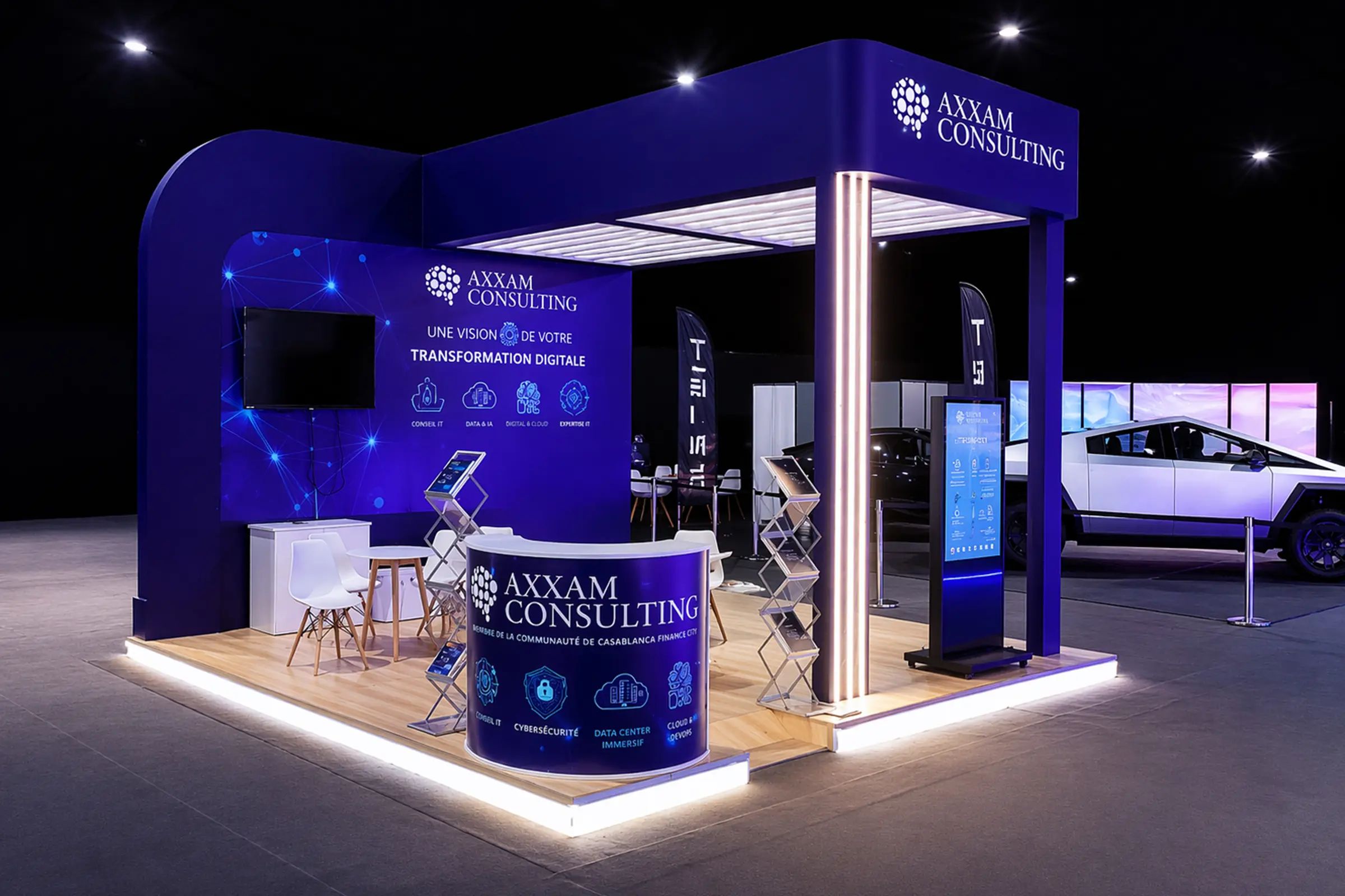 Stand Axxam au GITEX Africa Marrakech 2026, vue extérieure en angle, architecture moderne avec éclairage LED et espaces d’accueil professionnels 
