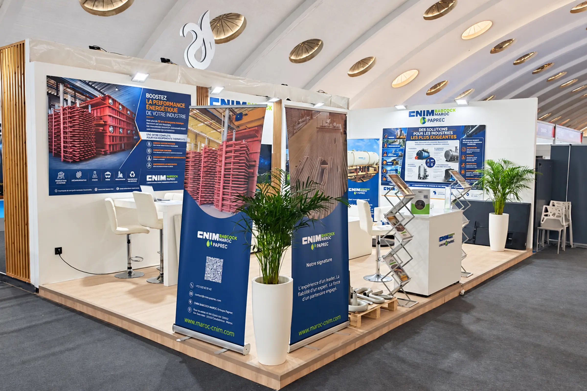 Vue côté droit du stand CNIM au SISTEP 2026 à Casablanca, stand d’exposition conçu pour les échanges B2B et la présentation de solutions techniques