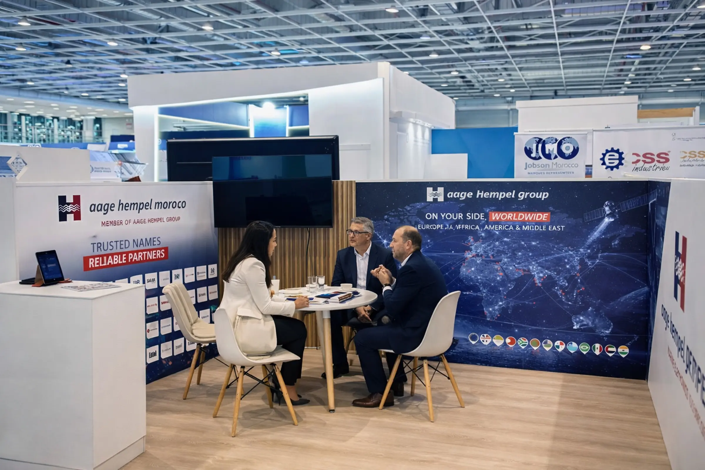 vue d'intérieur du stand Aage au SIPORTS 2026 à El Jadida, stand d’exposition sur mesure optimisé pour la visibilité et les rencontres professionnelles
