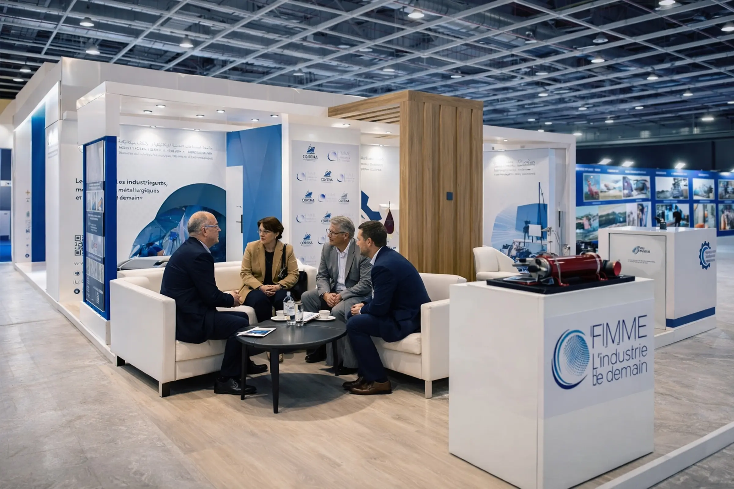 Vue en perspective du stand FIMME au SIPORTS 2026 à El Jadida, espace d’exposition conçu pour les échanges B2B et la présentation de solutions industrielles