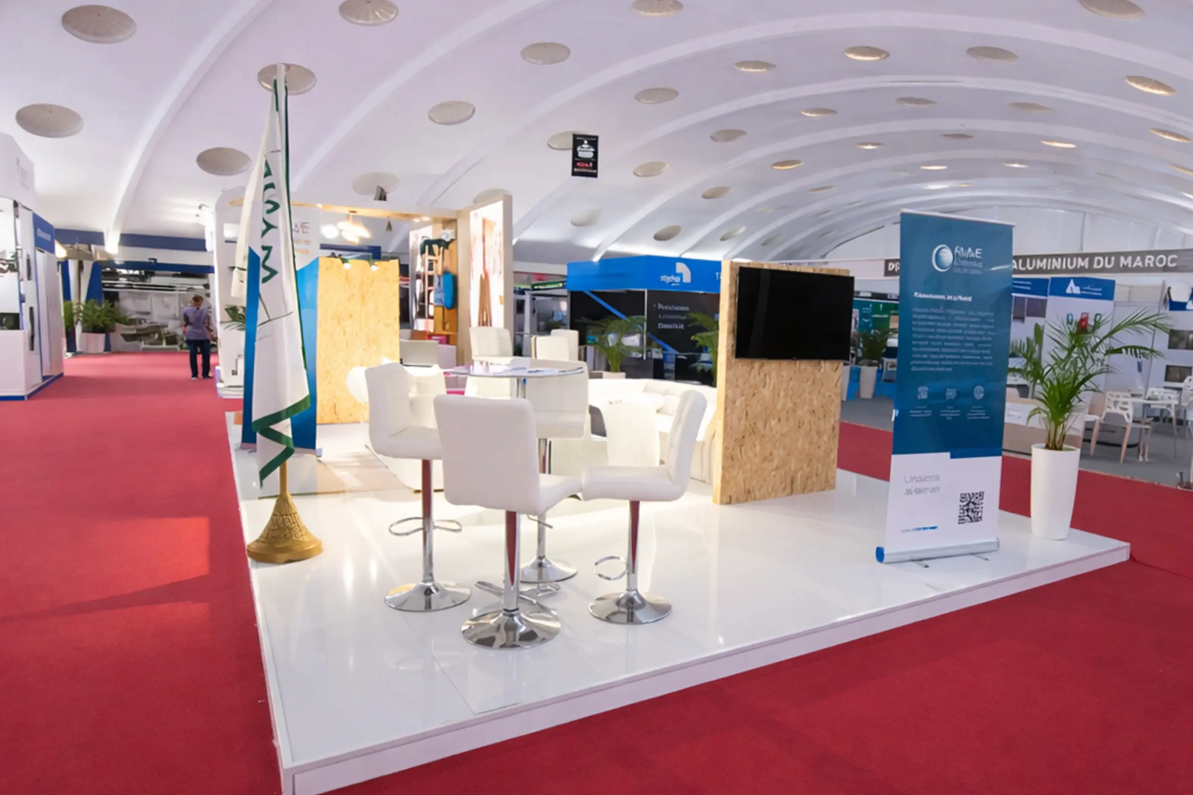 Stand FIMME au SISTEP 2025 à Casablanca, vue en angle d’un stand d’exposition sur mesure dédié aux solutions industrielles et métallurgiques