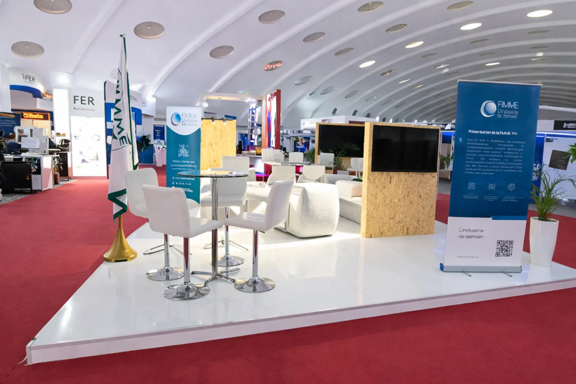 Vue frontale du stand FIMME au SISTEP 2025 à Casablanca, stand d’exposition sur mesure optimisé pour la visibilité et les rencontres professionnelles
