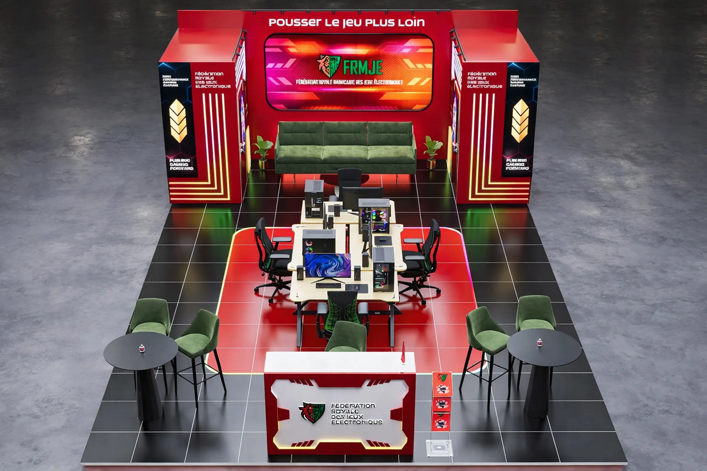 Stand sur mesure de la Fédération Royale Marocaine des Jeux Électroniques (FRMJE), avec postes de gaming, comptoir d’accueil, espace lounge et design événementiel rouge et vert, conçu fabriqué et installé dans la ezone lors de la CAN 2025 à Casablanca