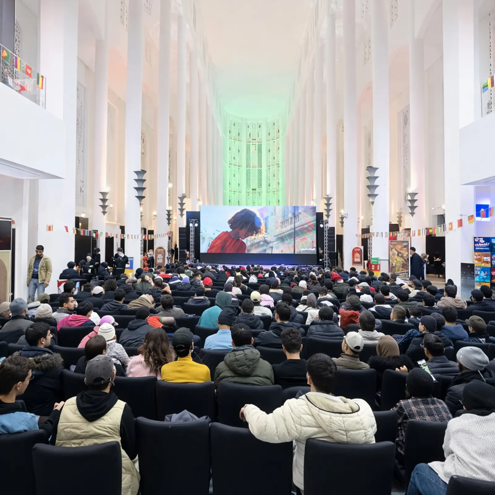 Vue arrière du public installé dans l’espace de retransmission des matchs de la Fanzone Ezone lors de la CAN 2025 à Casablanca, écran géant diffusant un match du Maroc, aménagement événementiel réalisé par MG Corp.