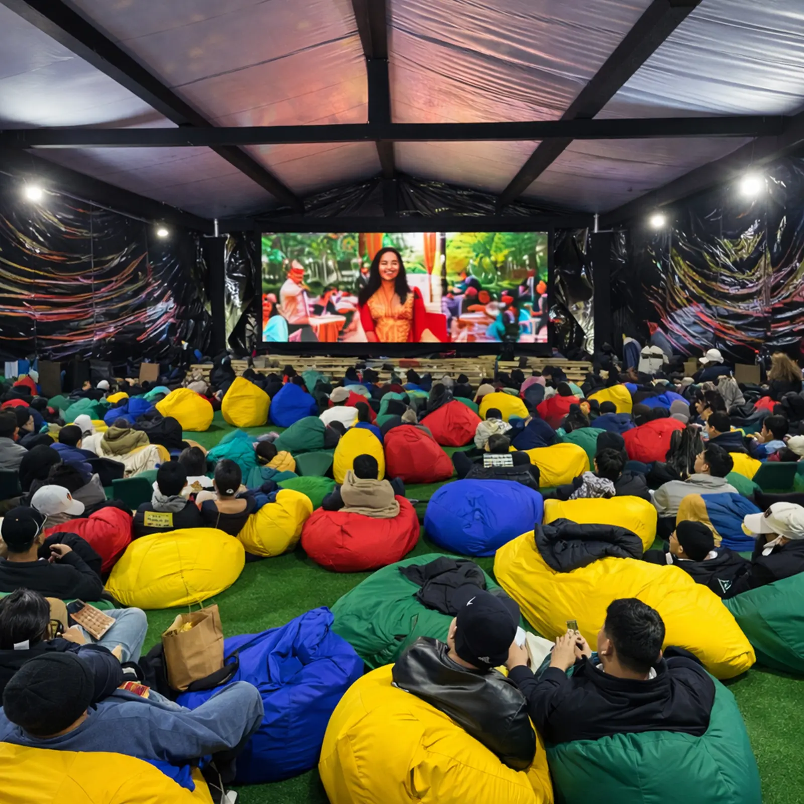 Vue arrière du public installé dans l’espace de retransmission de la Fanzone Ezone pendant la CAN 2025 à Casablanca, animation diffusée sur écran géant avant le match, espace jeunes aménagé avec assises informelles, conception événementielle par MG Corp.