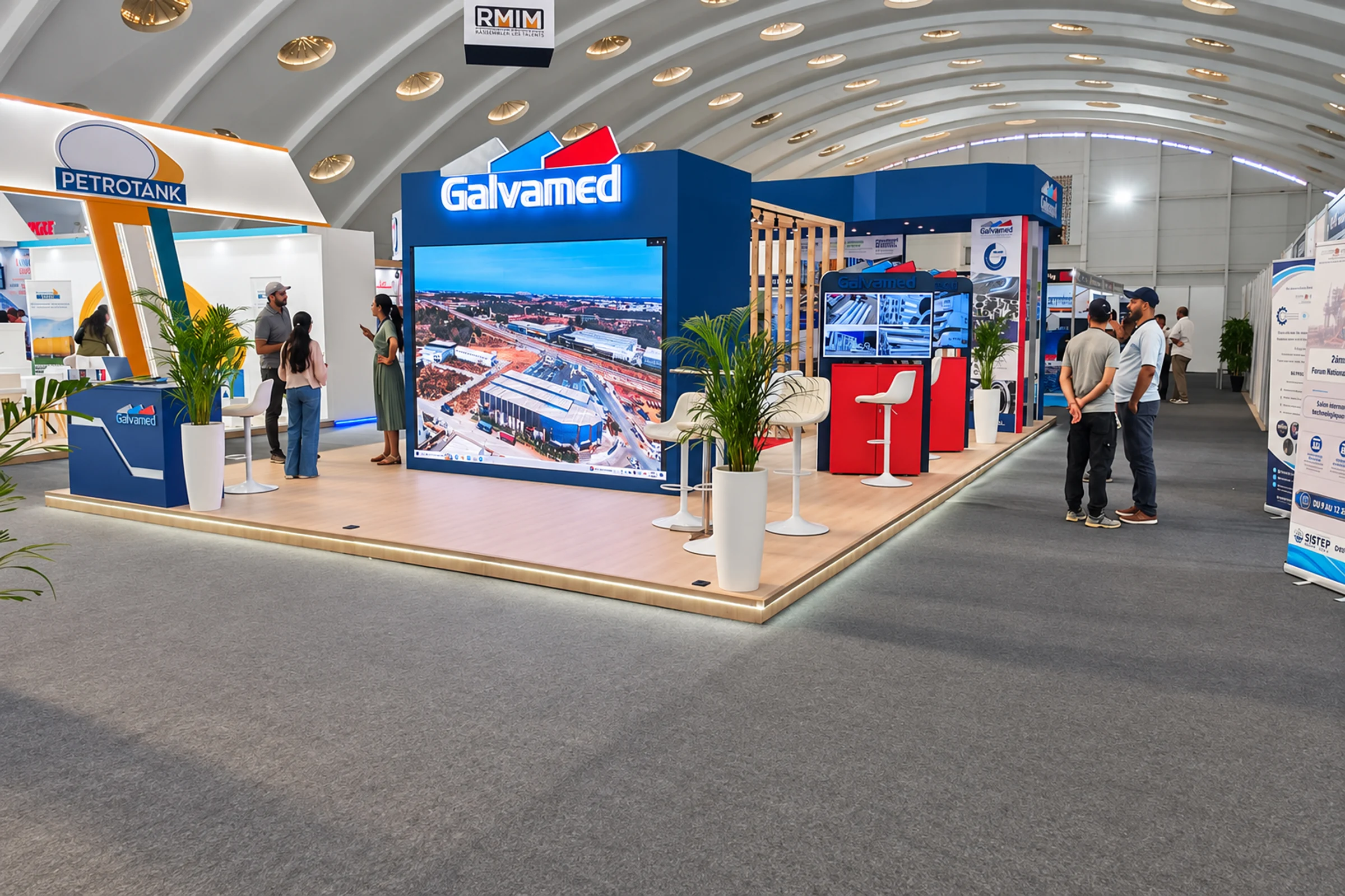 Vue face du stand Galvamed au SISTEP 2026 à Casablanca, stand d’exposition professionnel conçu pour les échanges B2B et la présentation de solutions techniques
