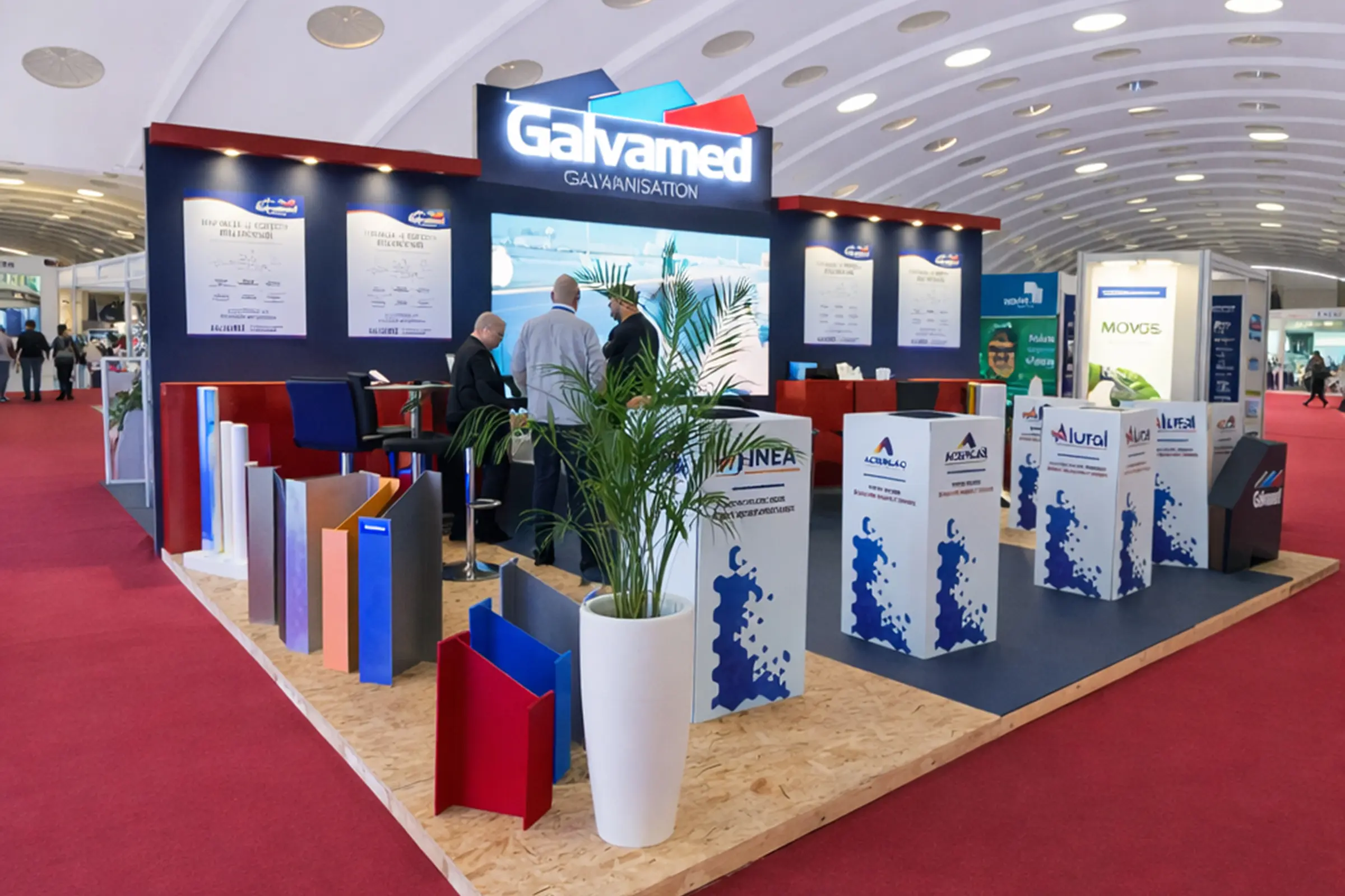 Vue extérieure du stand Galvamed au SISTEP Casablanca 2025, stand professionnel sur mesure à l’architecture moderne et à la signalétique industrielle