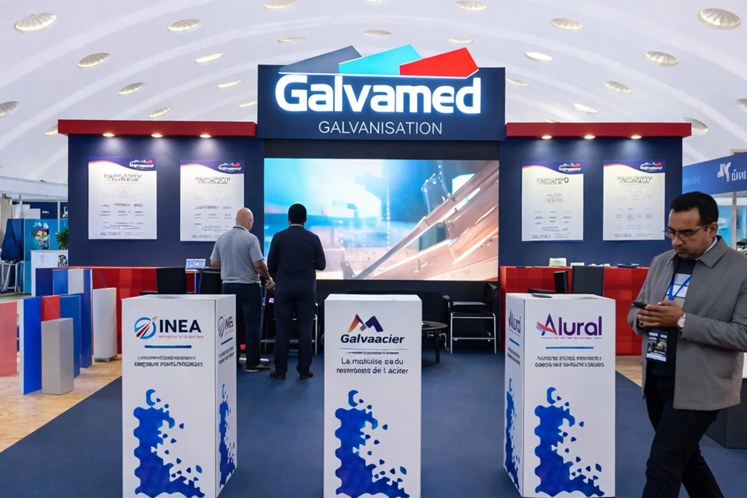 Vue frontale du stand Galvamed au SISTEP 2025 à Casablanca, stand d’exposition professionnel conçu pour les échanges B2B et la présentation de solutions techniques