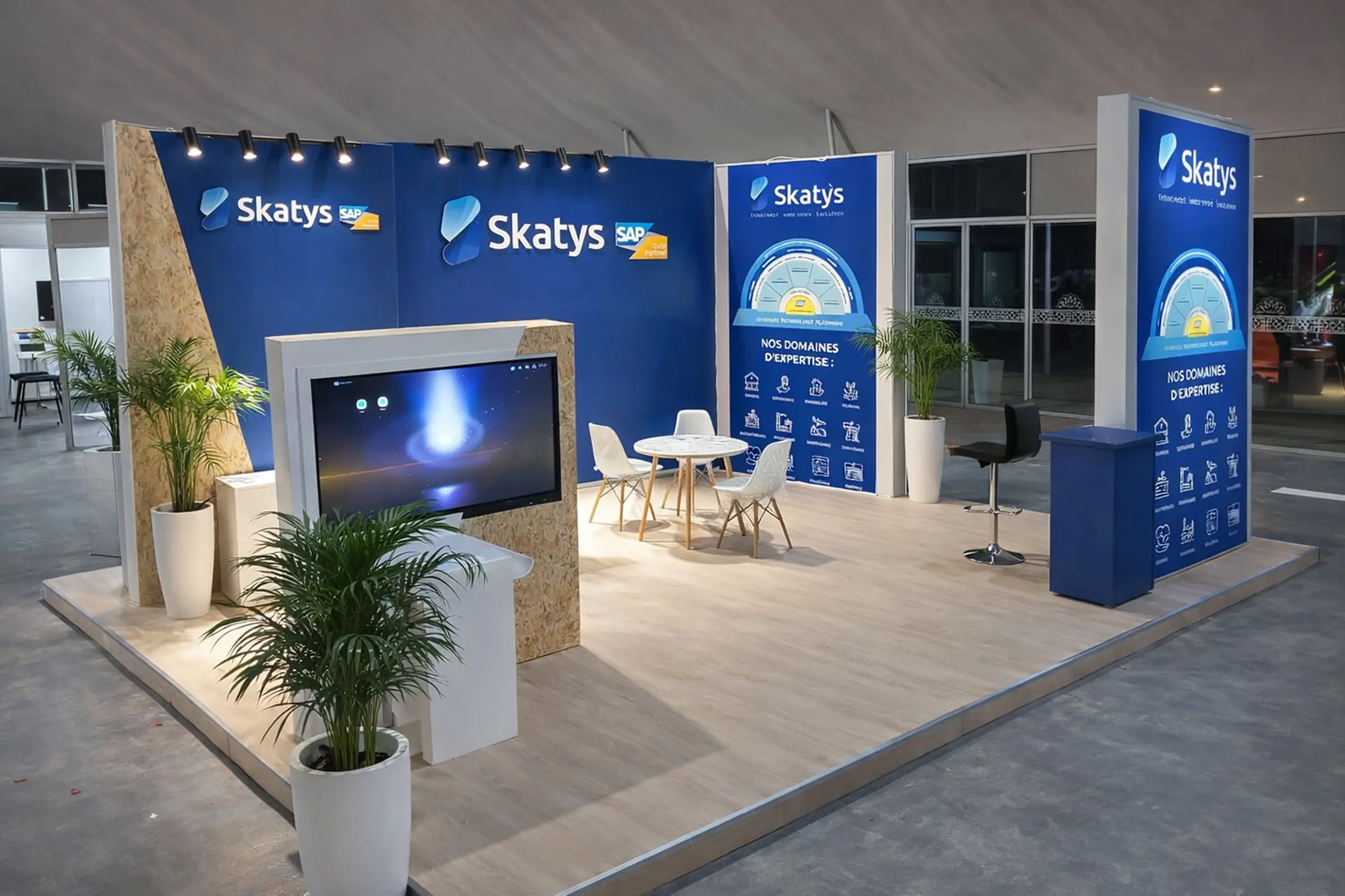 Vue en angle du stand Skatys au Digital Now 2025 à Casablanca, stand sur mesure pour l’intégration SAP et les solutions digitales