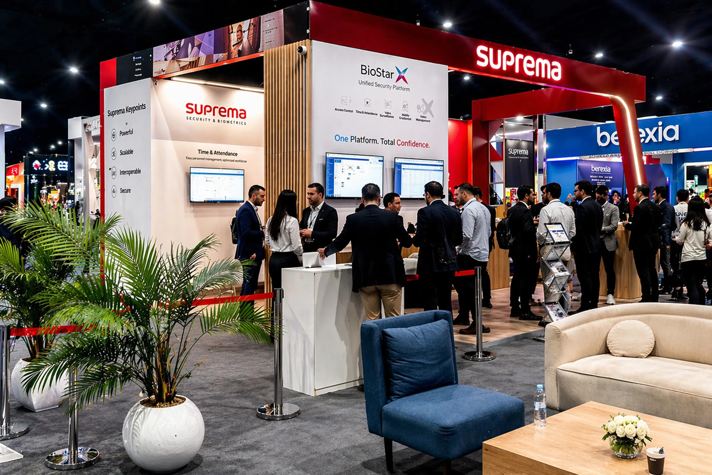 Stand Suprema au GITEX Africa Marrakech 2026, vue extérieure en angle, architecture moderne avec éclairage LED et espaces d’accueil professionnels 
