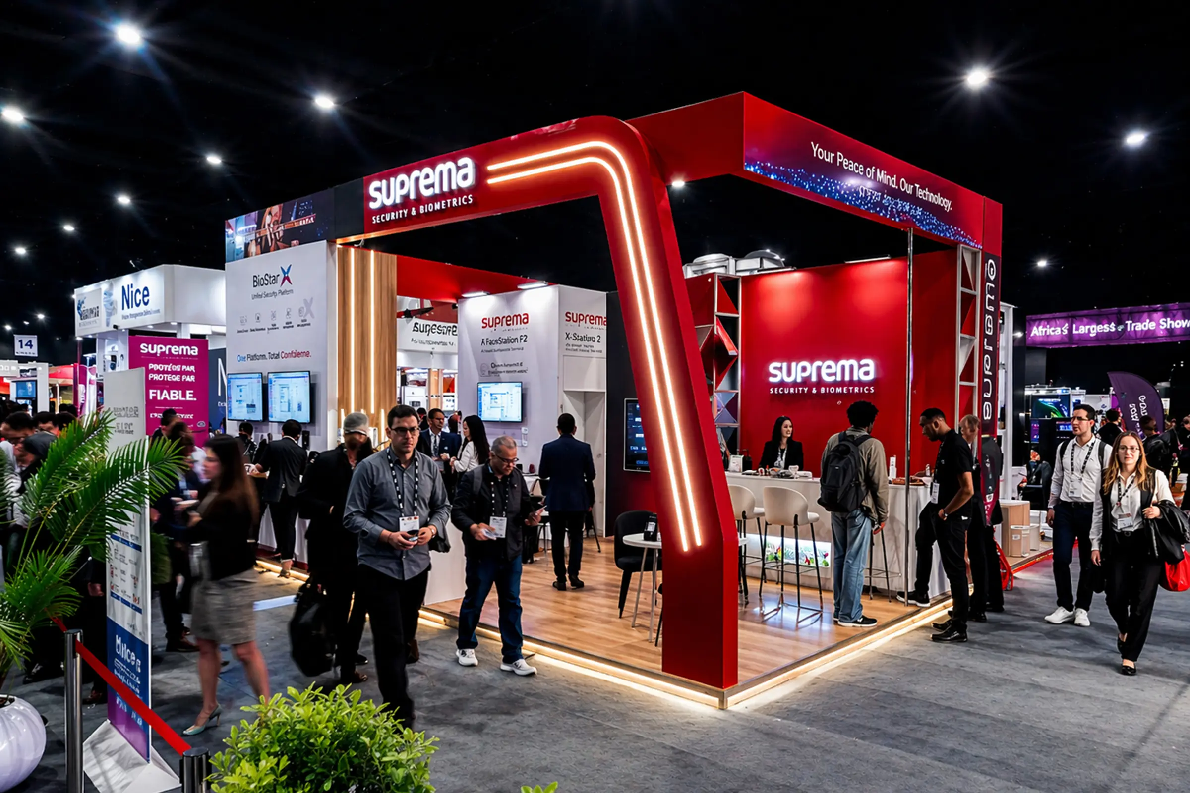 Vue extérieure du stand Suprema au salon GITEX Africa Marrakech 2026, design moderne, structure ouverte et zones de démonstration technologique