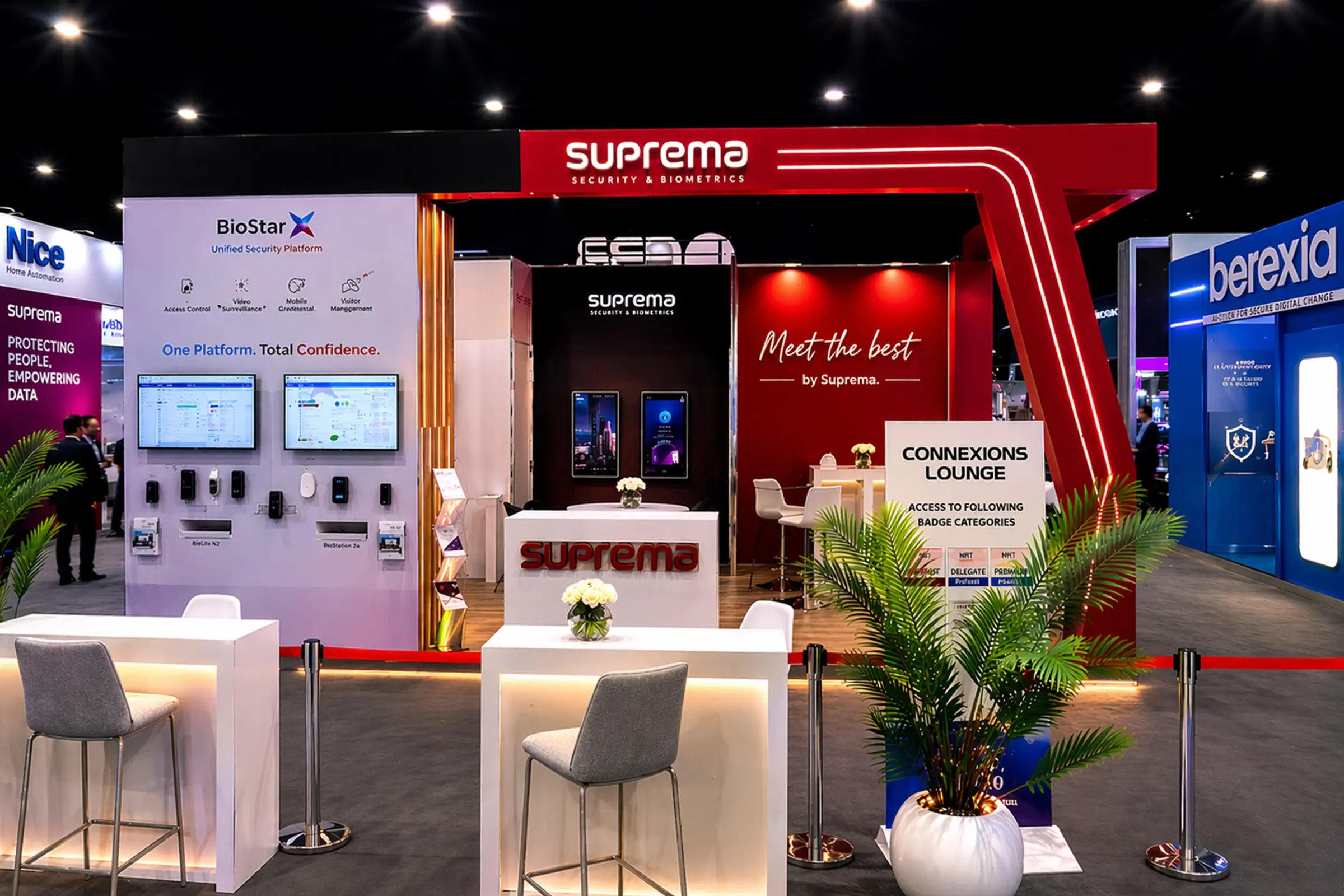 Stand Suprema au salon GITEX Africa Marrakech 2026, design professionnel, structure ouverte et zones de démonstration technologique