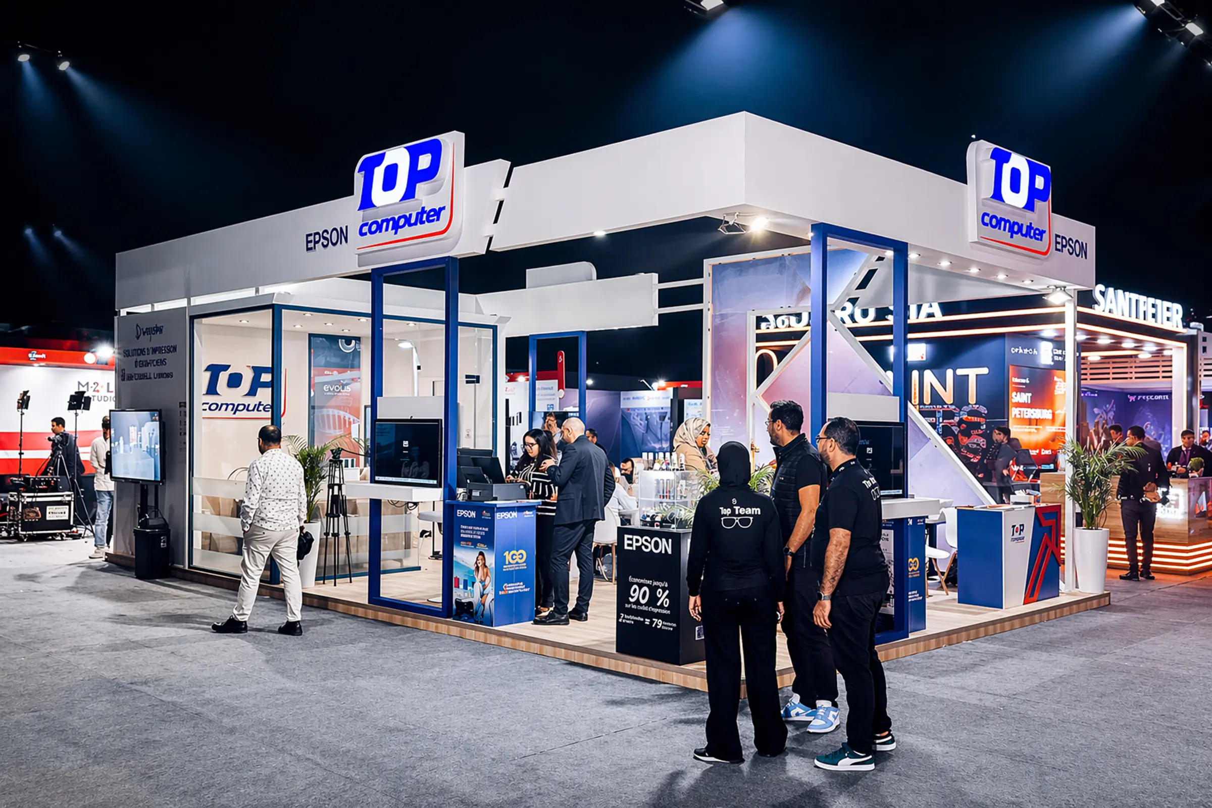 Stand Top Computer au GITEX Africa Marrakech 2026, vue extérieure en angle, architecture moderne avec éclairage LED et espaces d’accueil professionnels 