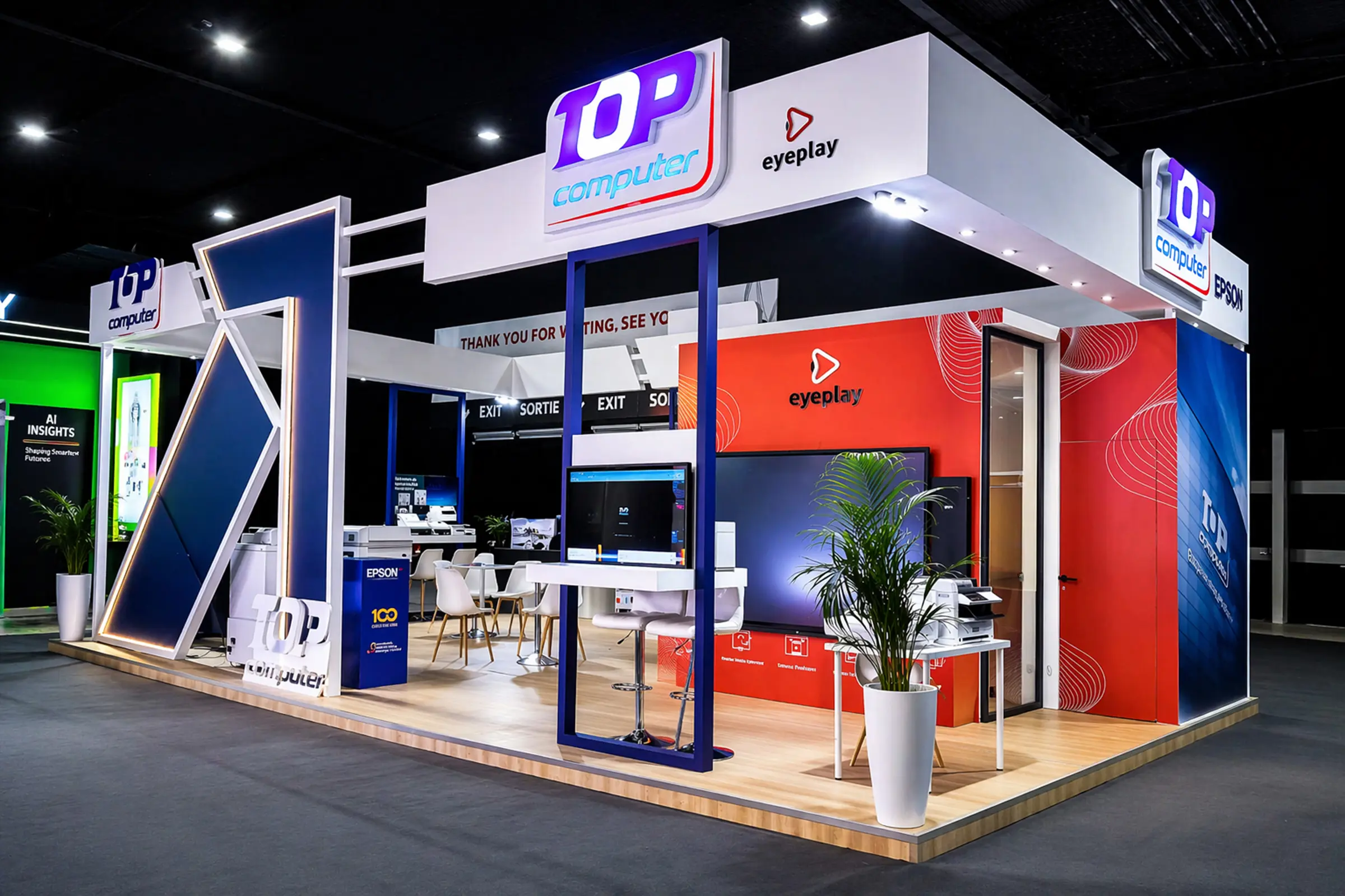 Vue extérieure du stand Top Computer au salon GITEX Africa Marrakech 2026, design contemporain, structure ouverte et zones de démonstration technologique