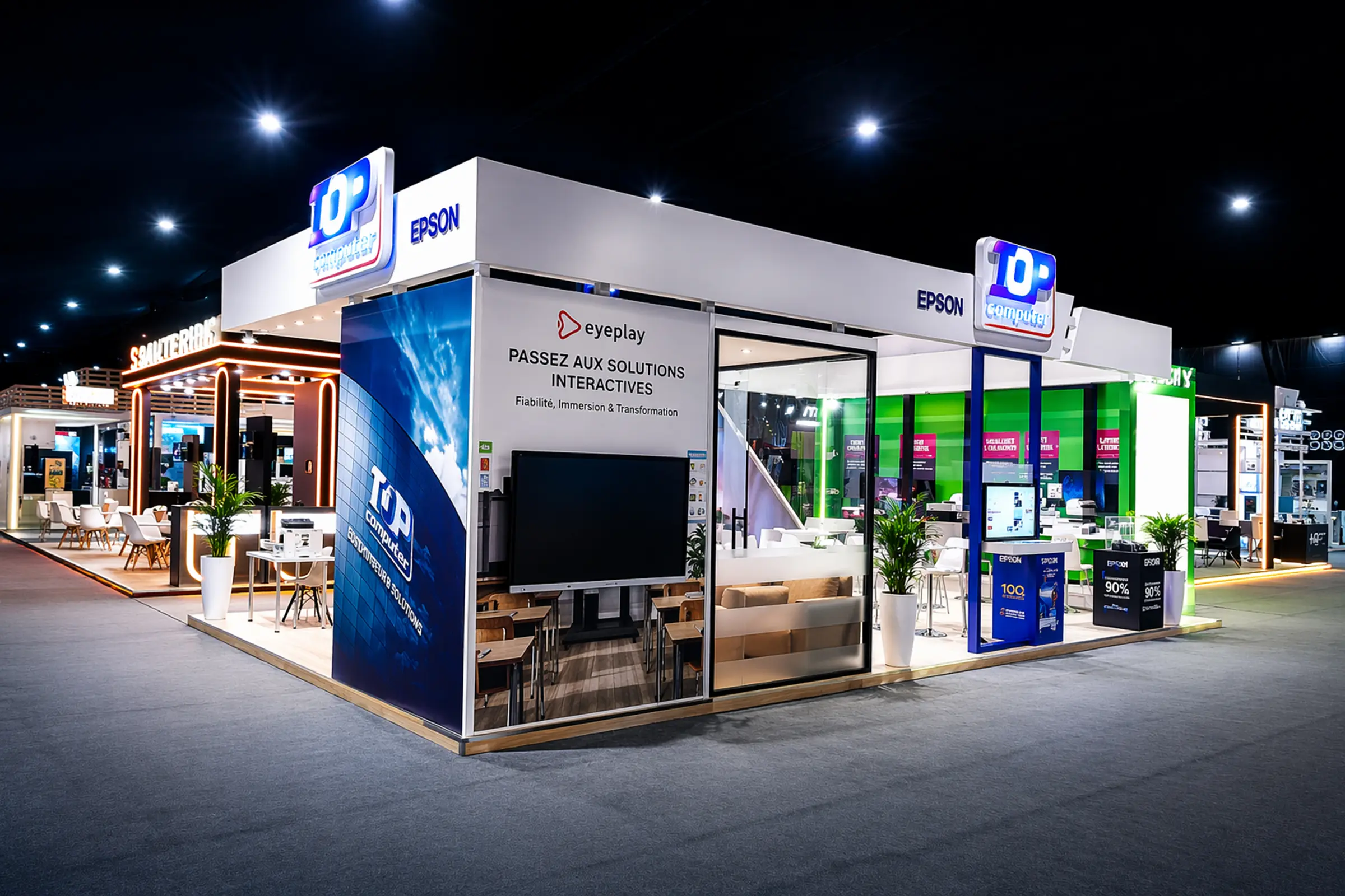 Vue intérieure du stand Top Computer au salon GITEX Africa Marrakech 2026, design contemporain, structure ouverte et zones de démonstration technologique