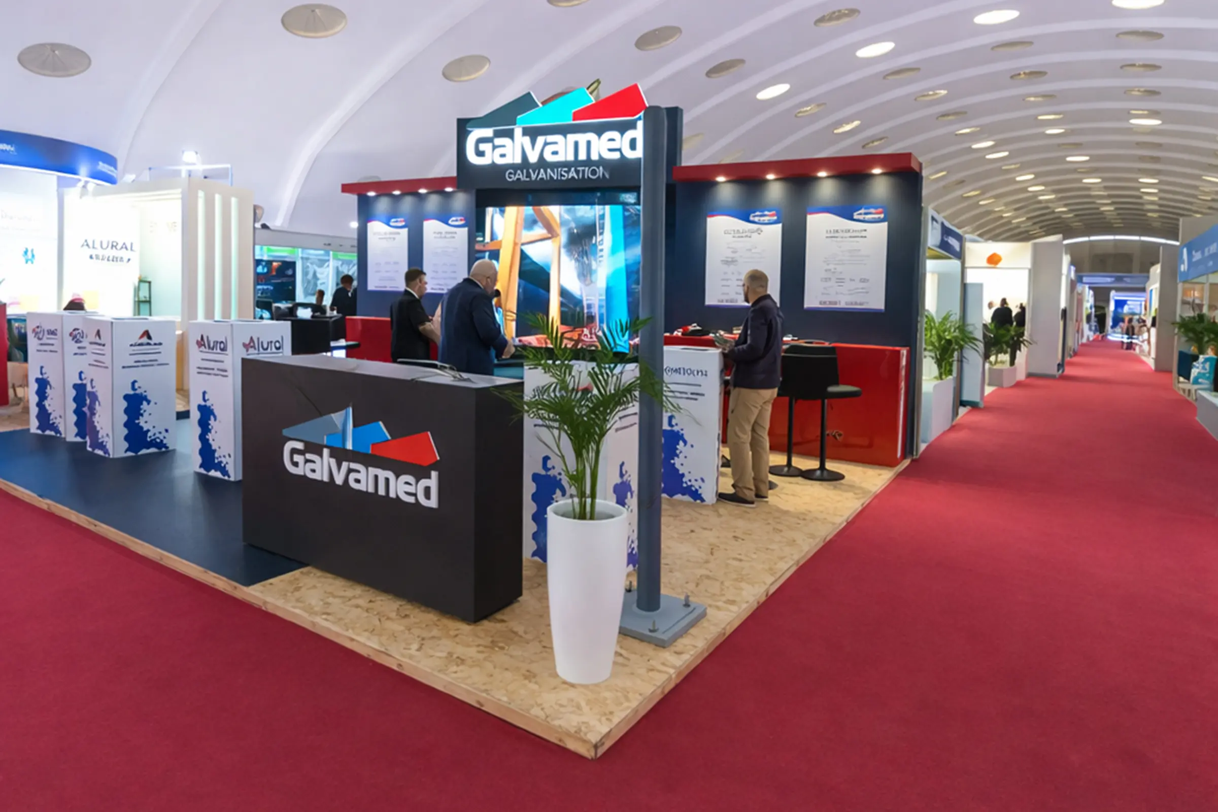 Stand Galvamed au SISTEP 2025 à Casablanca, vue en angle d’un stand d’exposition sur mesure dédié aux solutions industrielles et techniques
