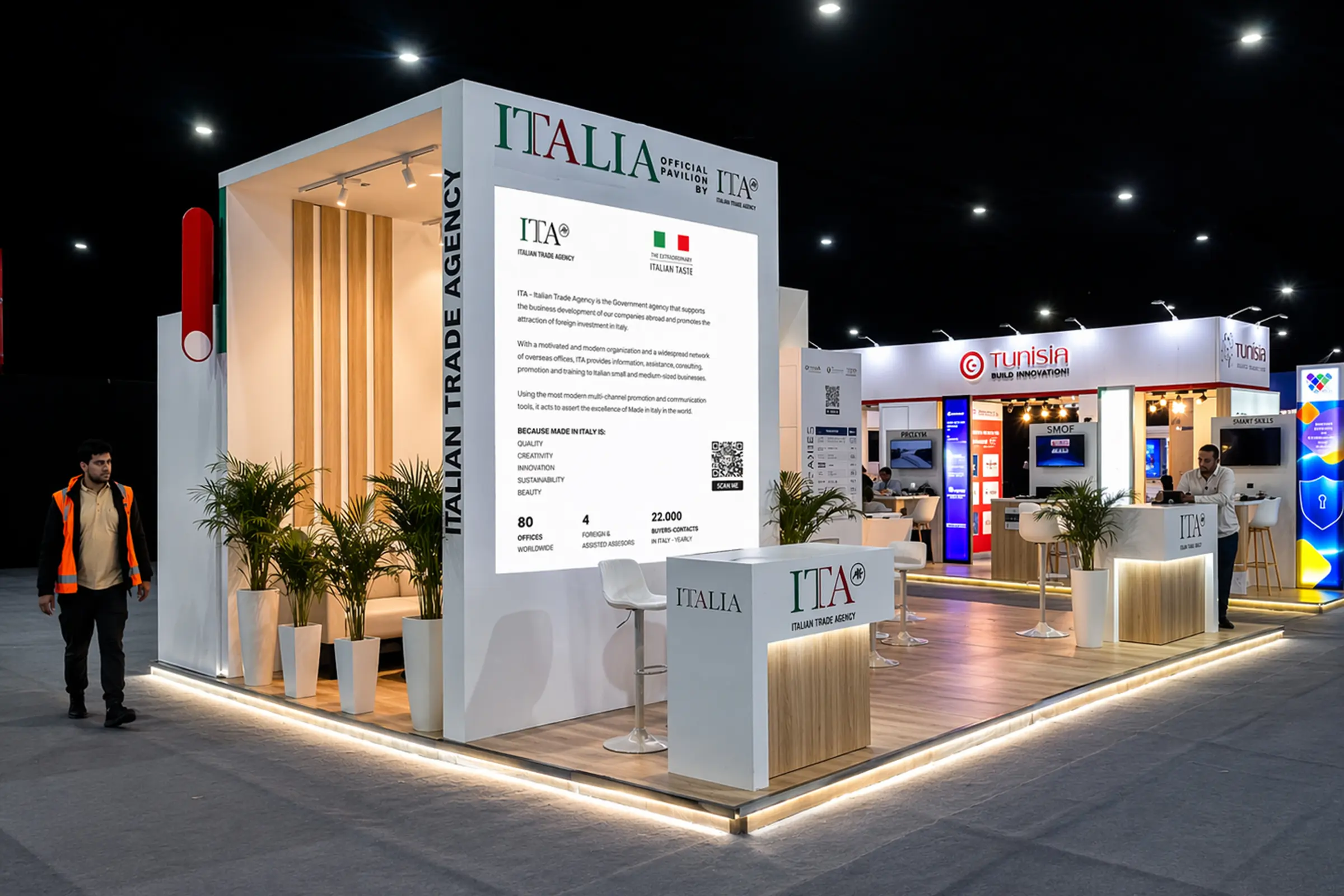 Stand Italian Trade Agency, ITA au salon GITEX Africa Marrakech 2026, design professionnel, structure ouverte et zones de démonstration technologique