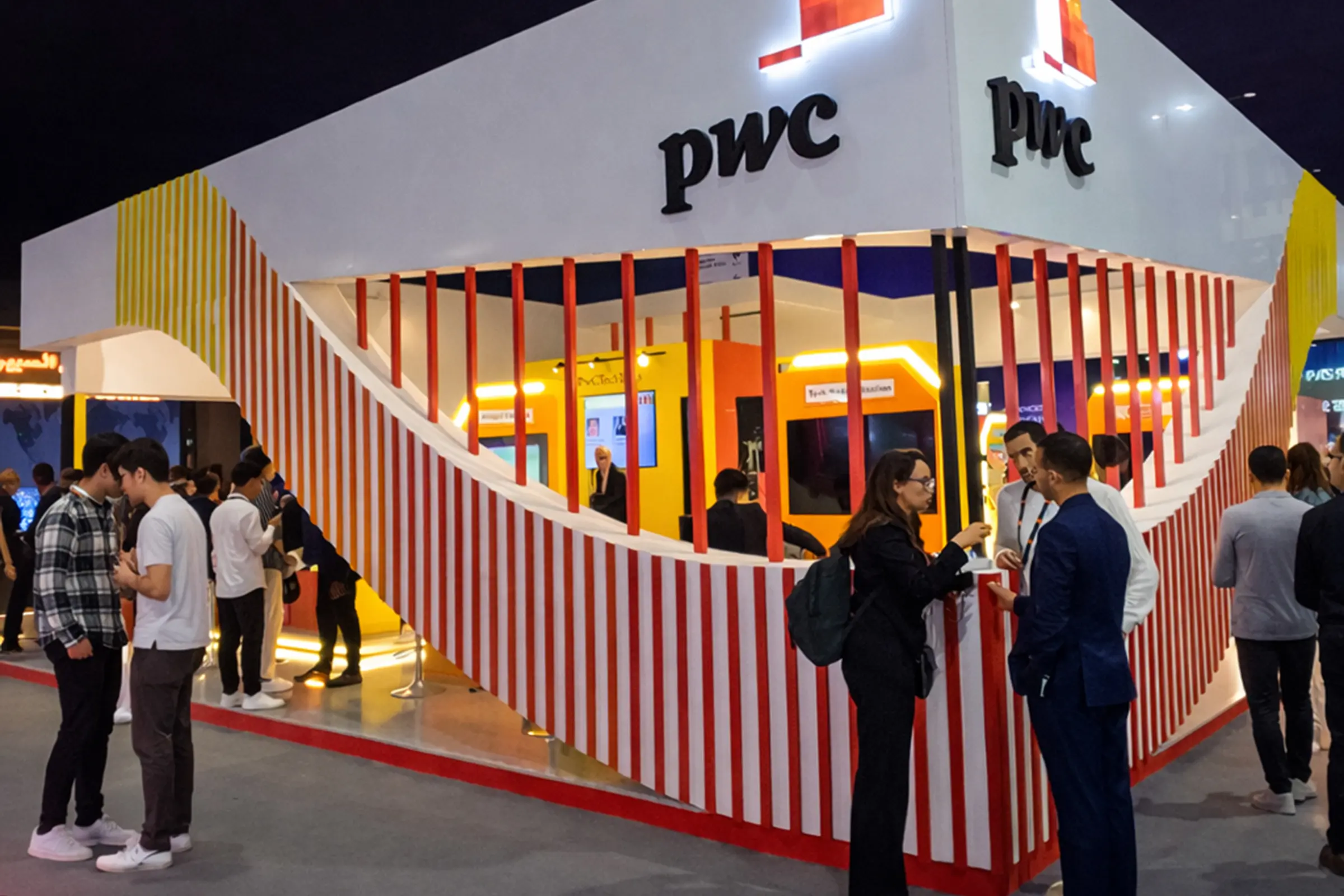 Vue extérieure du stand PWC au salon GITEX Africa Marrakech 2025, design contemporain, structure ouverte et zones de démonstration technologique