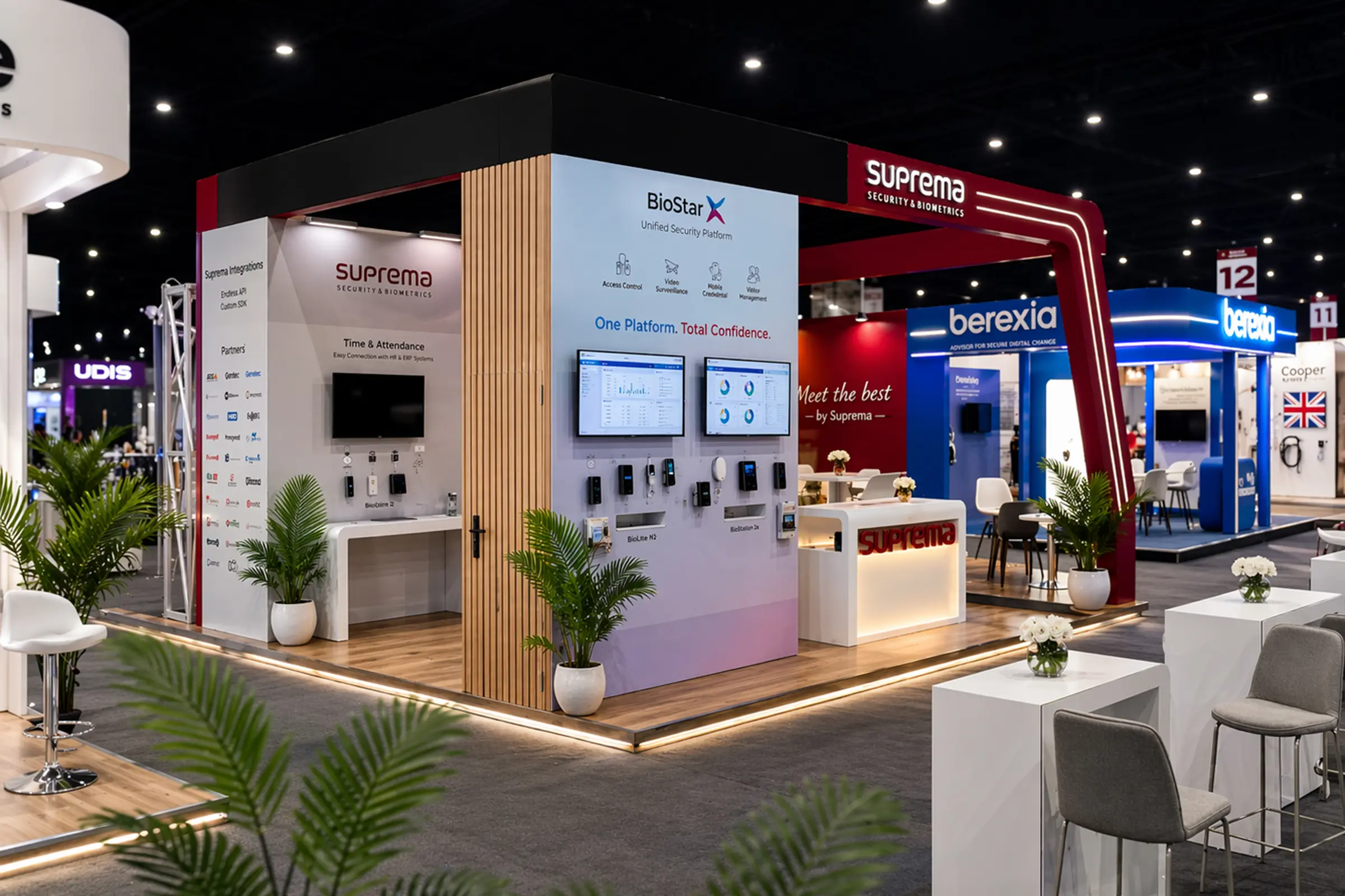 Vue frontale du stand Suprema au salon GITEX Africa Marrakech 2026, design ultra moderne, structure ouverte et zones de démonstration technologique